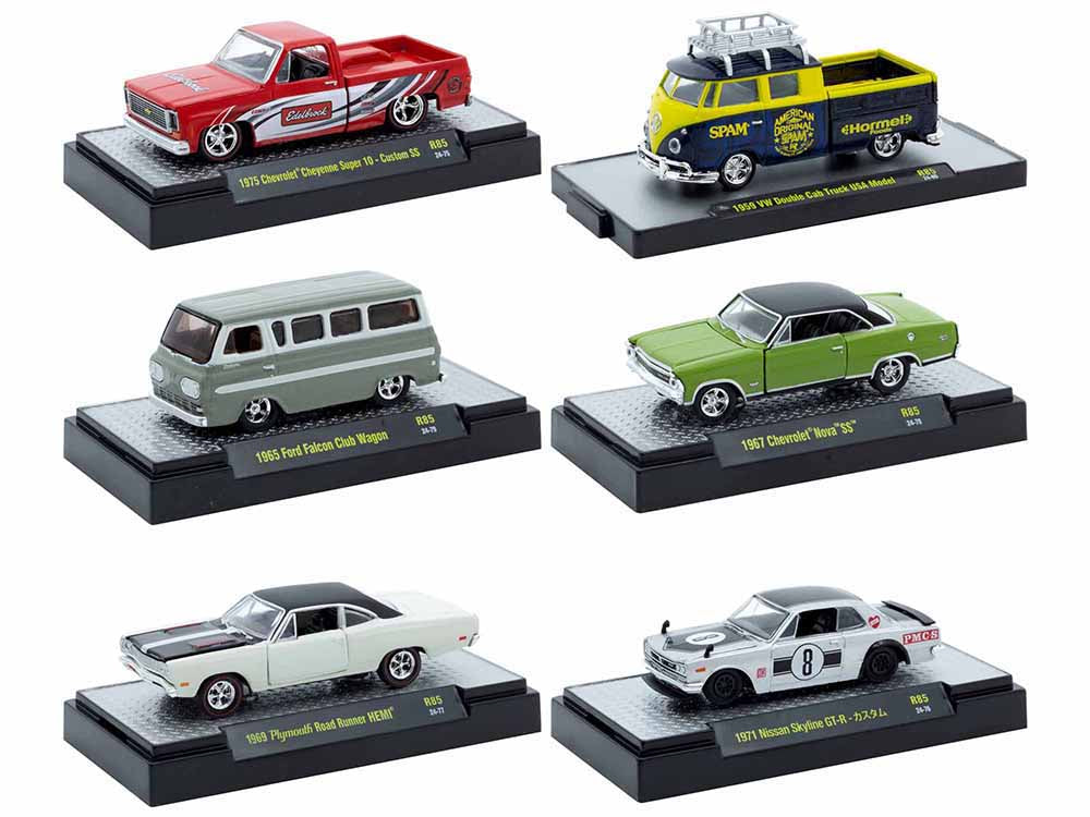 "Auto Meets" Set of 6 Cars IN DISPLAY CASES Release 85 Limited Edition 164 Diecast Model Cars by M2 Machines