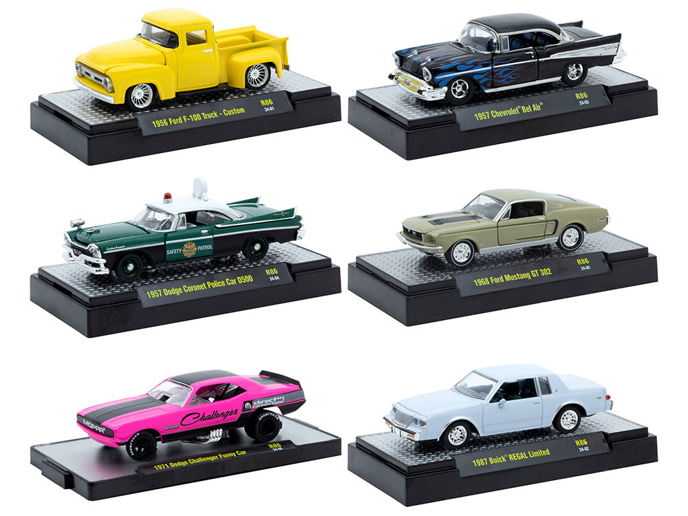 "Auto Meets" Set of 6 Cars IN DISPLAY CASES Release 86 Limited Edition 164 Diecast Model Cars by M2 Machines