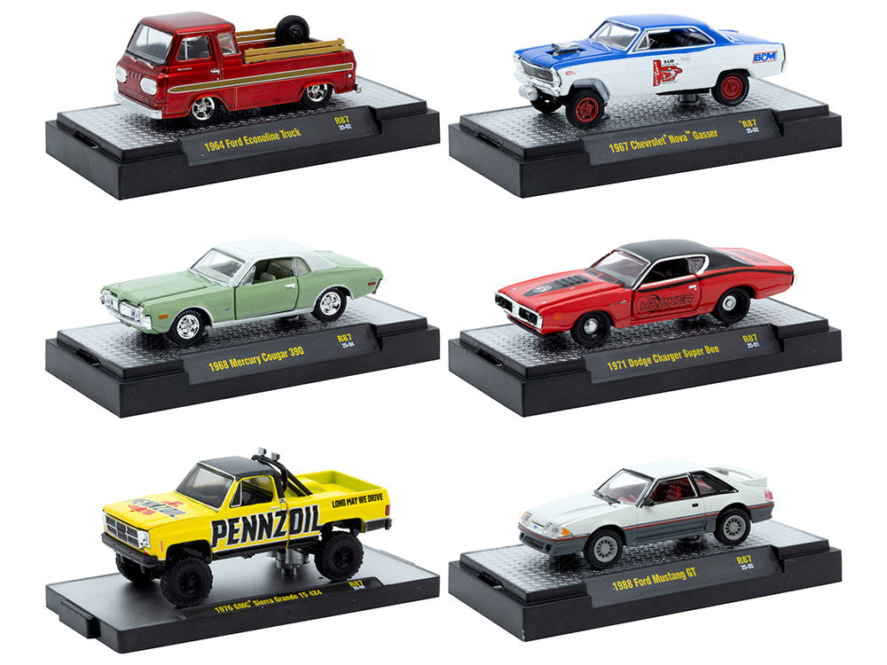 "Auto Meets" Set of 6 Cars IN DISPLAY CASES Release 87 Limited Edition 164 Diecast Model Cars by M2 Machines