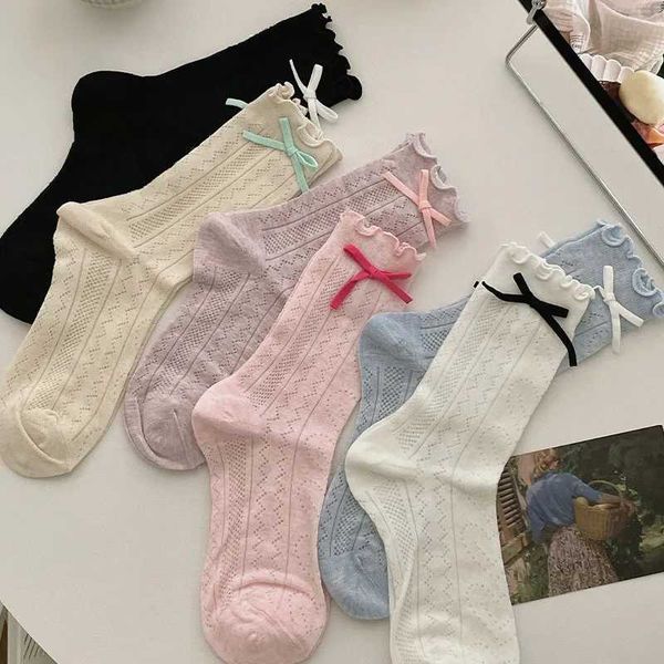Japanese Sweet Women Bowknot Middle Tube Socks Wood Ear Edge Bow Knotted Socks Summer Breathable Mesh Crew Socks Sandals SocksX240928