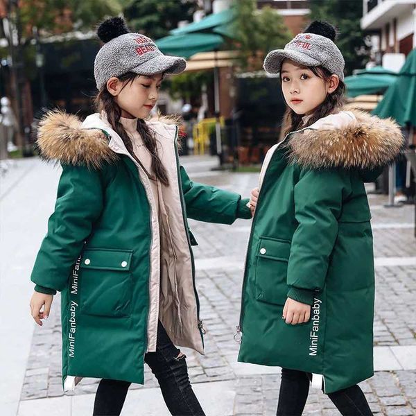 Down Coat 4-13 Year Teen Girls Winter Jacket Fashion Fur Collar Hooded Long Coat For Girls Parka Overcoat Thicken Warm Childrens Clothing H2
