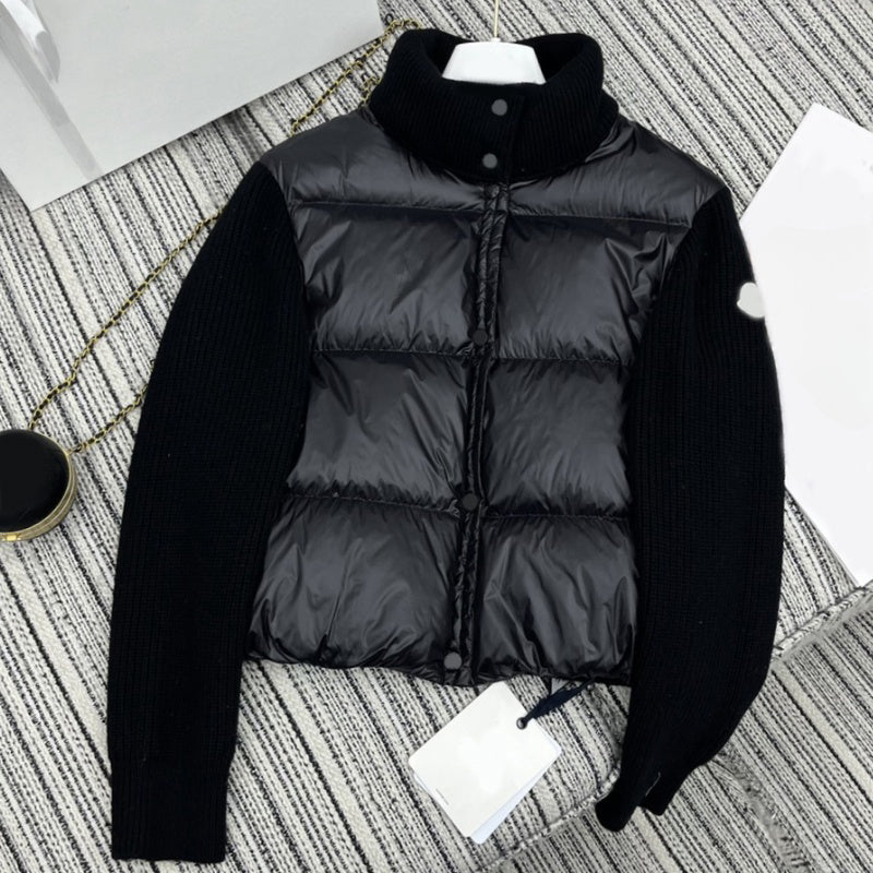 Y191 Fashion Thermal Winter outwear Women Designer Coat Patchwork wool knit sleeve stand-up collar down jacket