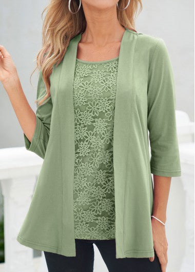 Modlily Sage Green Lace 3-4 Sleeve Cardigan and Tank Top - S