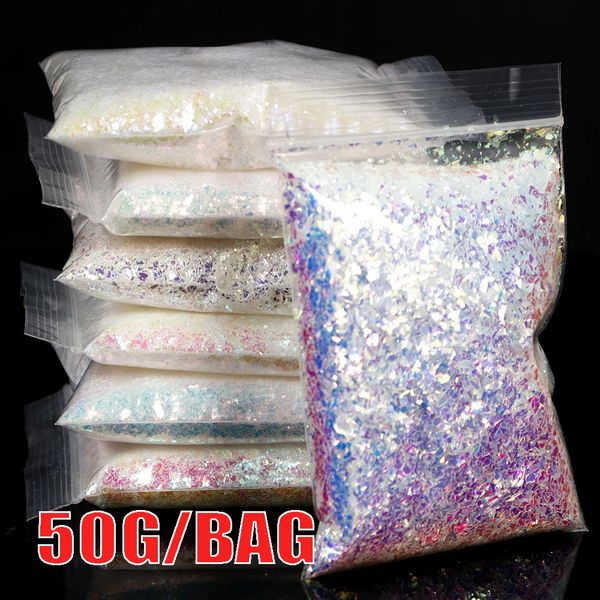 50gbag White Iridescent Nail Glitter Sequins Transparent Irregular Aurora Paillette 3D Shell Flakes For Manicure Decoration * 241112