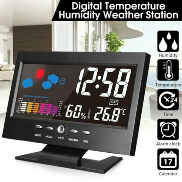 5-in-1 Led Digital Alarm Clock Calendar Weather Display Thermometer Humidity Monitor With Snooze Functions Y240904