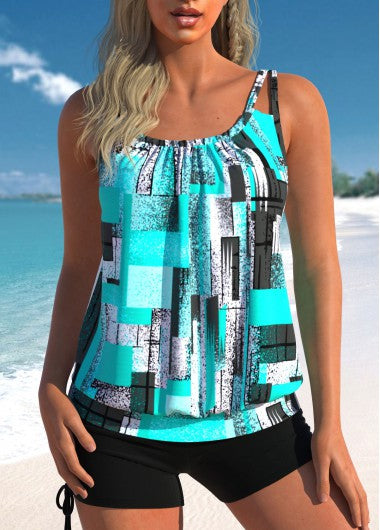 Modlily Ruched Geometric Print Cyan Tankini Top - S