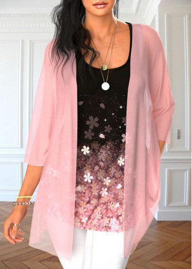Modlily Light Pink Floral Print Cardigan and Tank Top - S