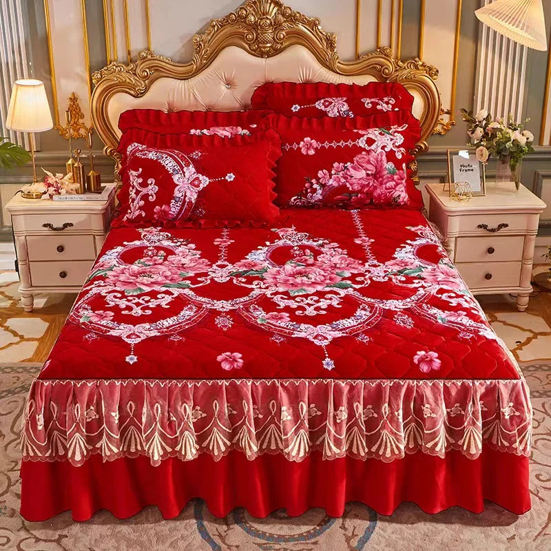 3pcs Set Coral Fleece Quilted Bedspread Printed Soft Velvet Bed Skirt Warm Plush Velvet Wedding Bed Sheet with 2pcs Pillowcase 60