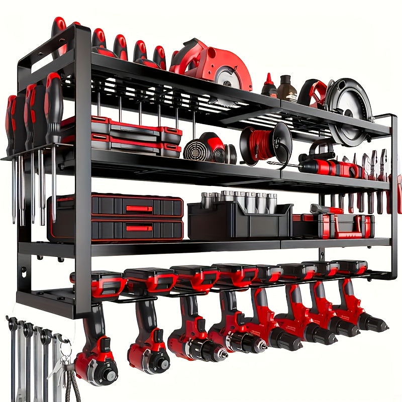 TEMU Power Tool Organizer-8 Drill Holder Wall Mount, 4 Layer Heavy Duty Tool Storage Rack 3 Layer, Garage Tool Organizer And Storage With Screwdriver