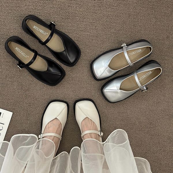 Women&#039;s Casual Square Toe Leather Shoes | Versatile Flats in Triple Black, Beige & Sier dh5727163