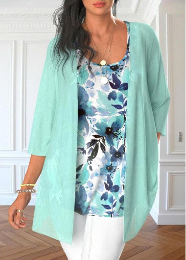 Modlily Mint Green Floral Print Cardigan and Tank Top - M