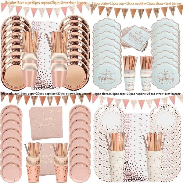 Disposable Dinnerware Birthday Decorations rose Gold Tableware Set Paper Straws Cups Plates Banner Wedding party decor kids adult 221128