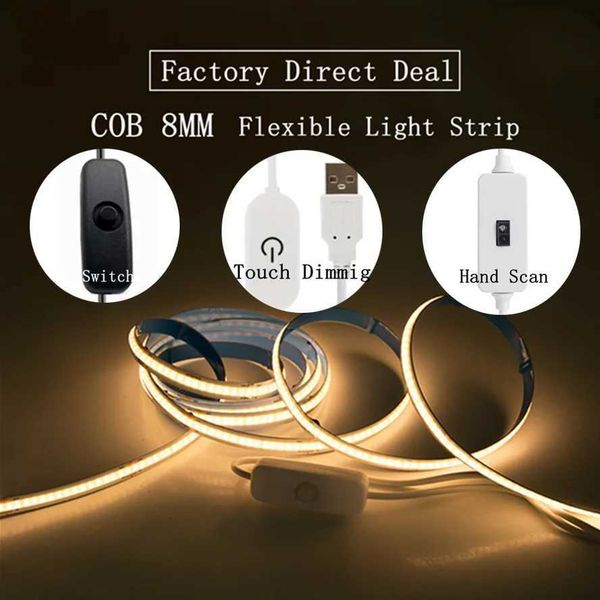 Touch Dimmable USB LED Strip Light 5V 320LEDs-M COB Touch Sensor Lamp Tape DIY TV Mirror Backlight Kitchen Room Night Lighting CL240815