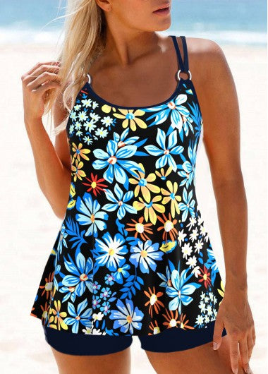 Modlily Circular Ring Floral Print Multi Color Tankini Top - S