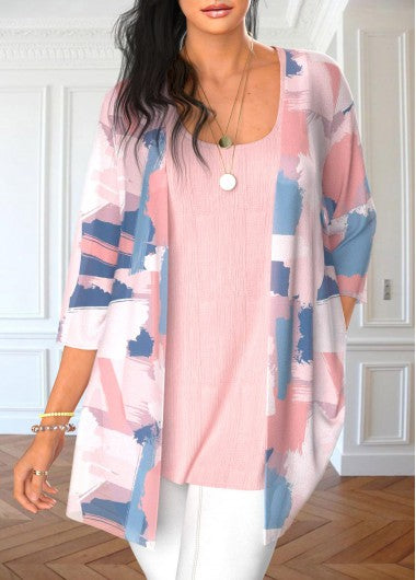 Modlily Light Pink Graffiti Print Cardigan and Tank Top - S