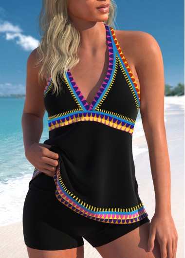 Modlily Patchwork Tribal Print Black Tankini Set - S