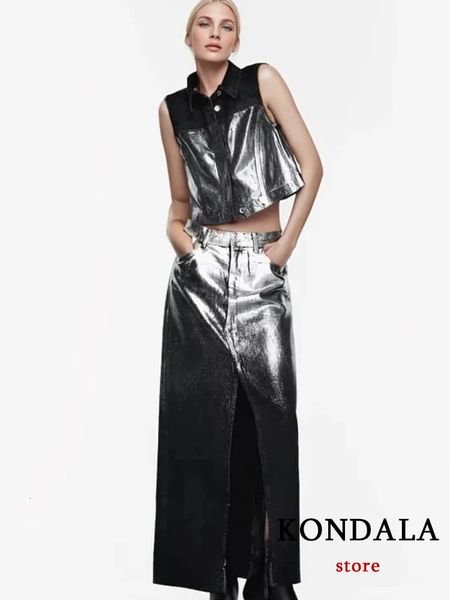 KONDALA Vintage Chic Montage Leather Women Suit Turndown Collar Sleeveless Vest Straight Skirt Fashion 2024 Autumn Winter Sets 240115
