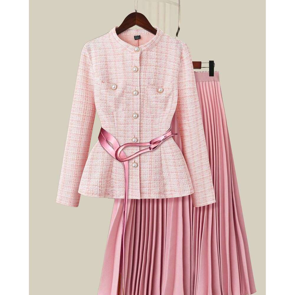 Autumn Coats Two Piece Sets Women Tweed Jackets Long Pleated Skirts Pink Suits Office Lady Outfits No Belt