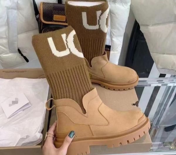 Womens Fashion snow boots thick soled elastic knitting stitching warm socks Martin Middle platform boots