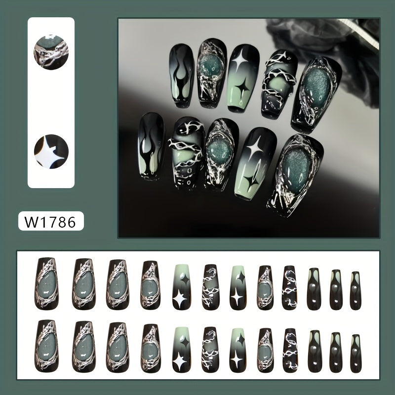 TEMU 24pcs Set, Black Gradient Press-on Nails, , Medium Length, Animal Print, Glossy Finish, Removable False Nails For Beauty And Personal Care