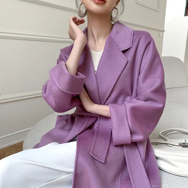 Autumn 100% Wool Coats Women Open Stitch Long Coats With Belt Double Face CashmereCoat Femme Tops 240830