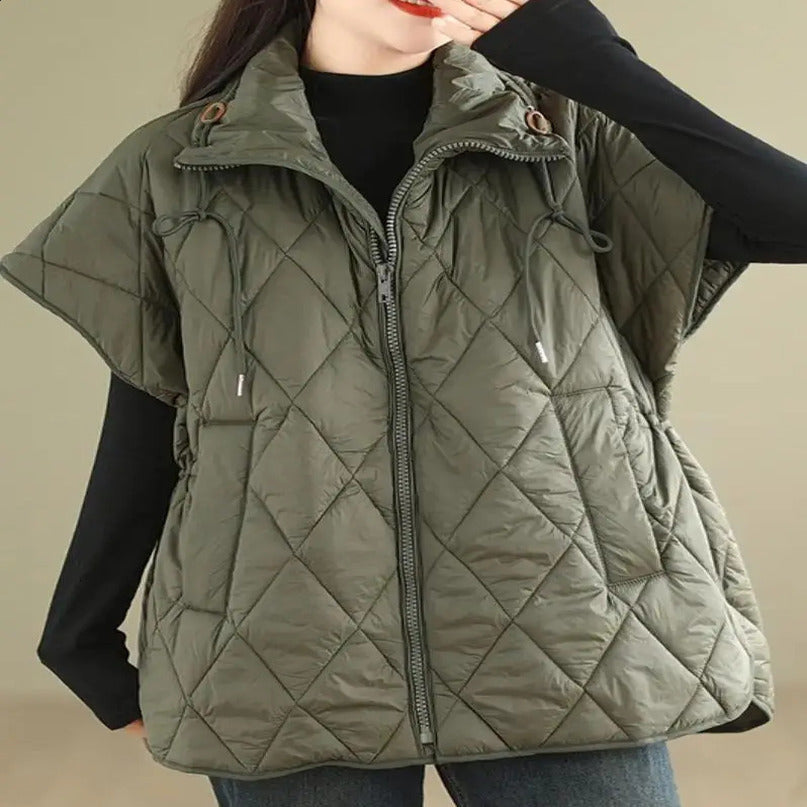 Solid color down cotton vest for womens autumn and winter loose casual stand up collar sleeveless zipper 240918