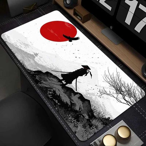 Japanese Samurai Mouse Pad Cputer Red Moon Gaming Extended Desktop Pad Laptop Gaming Keyboard 90x40 Non slip Washable Rubber Mouse Y241121
