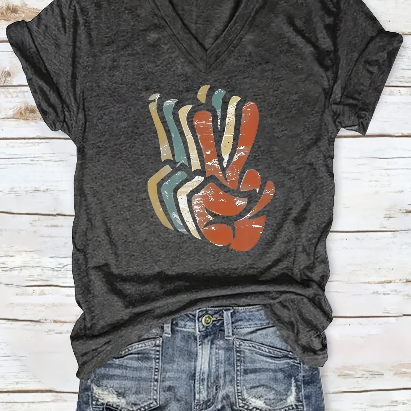 TEMU Printed V-neck T-shirt, Casual Short-sleeved Summer Everyday Tops, Women's Clothing