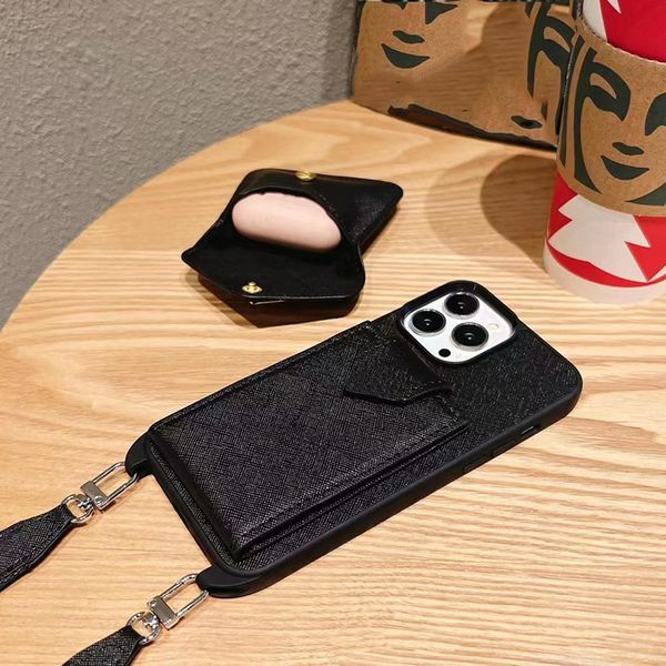 Crossbody Designer Phone Case for iPhone 16 Pro Max 15 Plus 14 13 12 Luxury Leather Shoulder Strap Card Holder Universal Earphone Cover 72LI