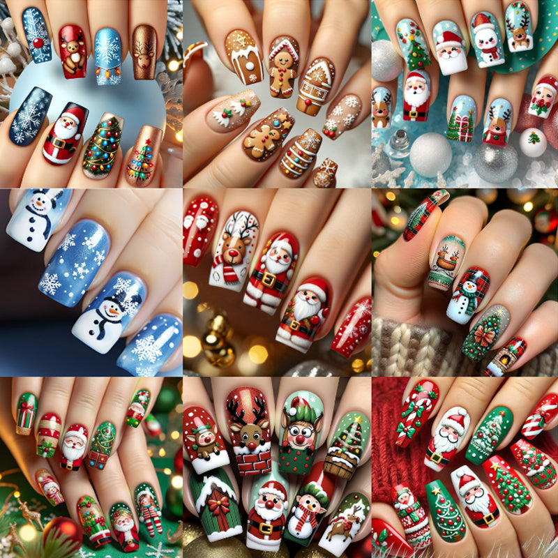 TEMU 216pcs (9pcs) Christmas Press On Nails Medium Square Shaped Fake Nails With Santa, Snowman & Reindeer Winter Snowman Elk Glossy False Nails Full
