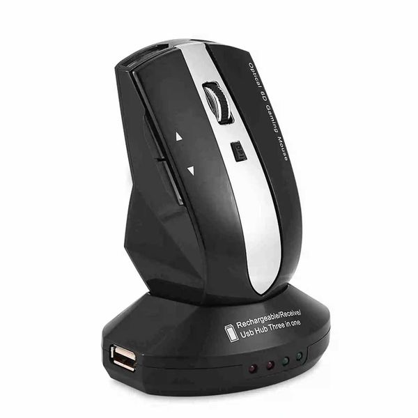2.4GHz Rechargeable Wireless Optical Mouse Gaming M w- Charging Dock Stand USB Hub Black Z250115