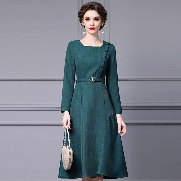 Smart Green High-end Temperament Big Swing Skirt Belt Waist Cinched Square Neck Dress with Strong Aura Autumn New Collection 2024 Short Loos