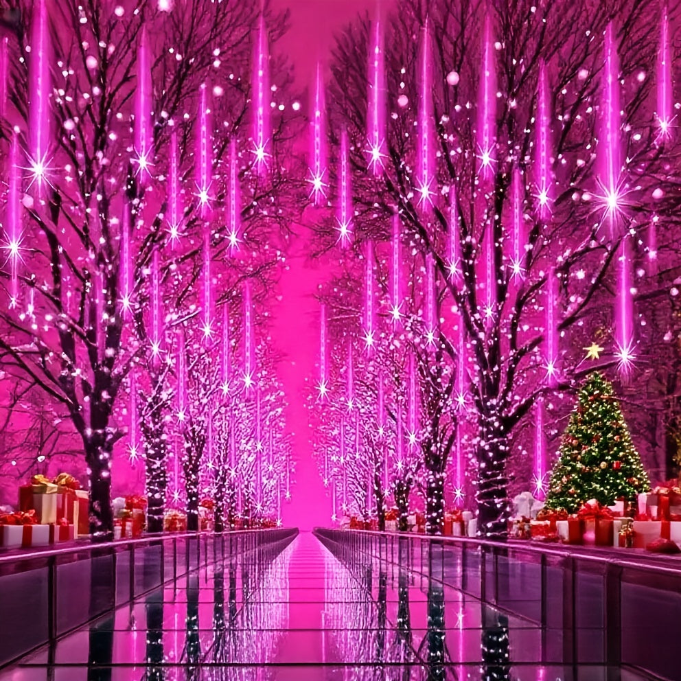 TEMU 1pc Laspi Pink Led Meteor Shower Rain Lights With 8 Tubes & 192 Leds - Usb-powered Indoor-outdoor String Lights, High Quality, Self-lit Hanging