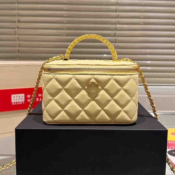 18CM Resin Handle Women Zippered Makeup Bag With Mirror Lambskin Designer Wallet Trend Coin Purse Adjustable Chain Luxury Vanity Case Handba