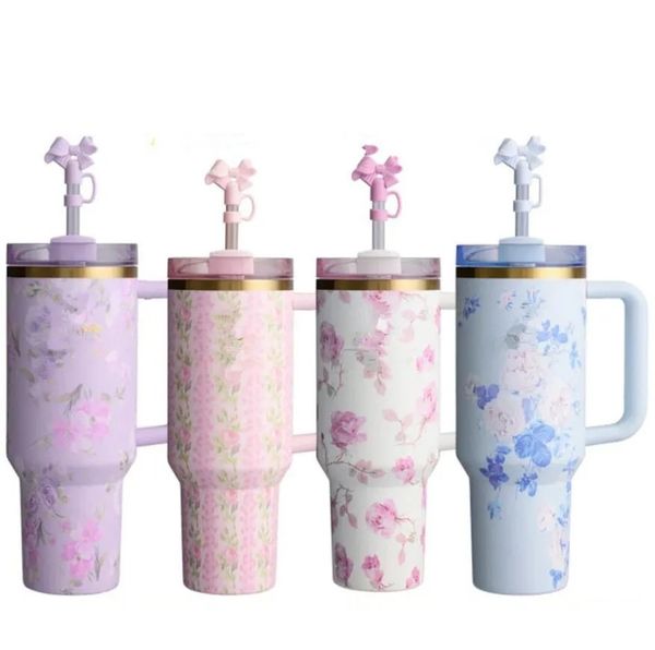 New Purple Stars Cups Co-branded Pink Winter PINK 40 oz Tumblers 40oz Mugs Lid Straw Big Capacity Beer Water Bottle US Stock