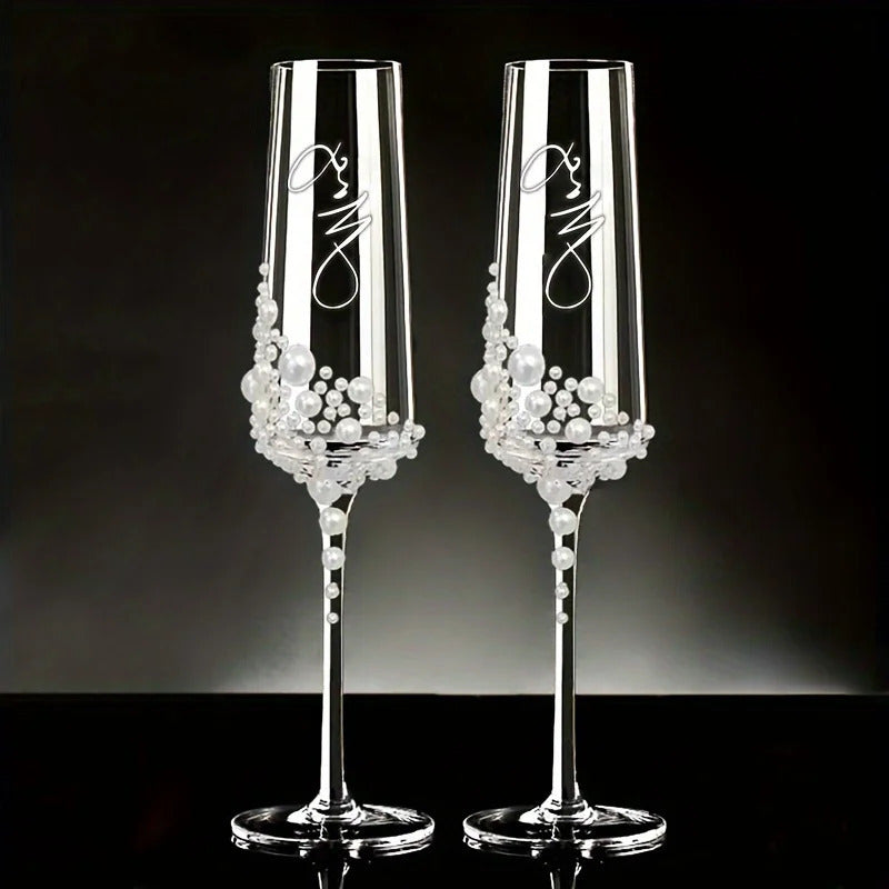2pcs Elegant Pearl Crystal Champagne Glasses with Cursive Script Handcrafted Clear Glassware for Weddings 250626