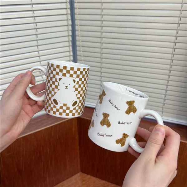Korean plaid teddy bear ceramic cup cute cartoon mug girl high looks couple water cup coffee cup