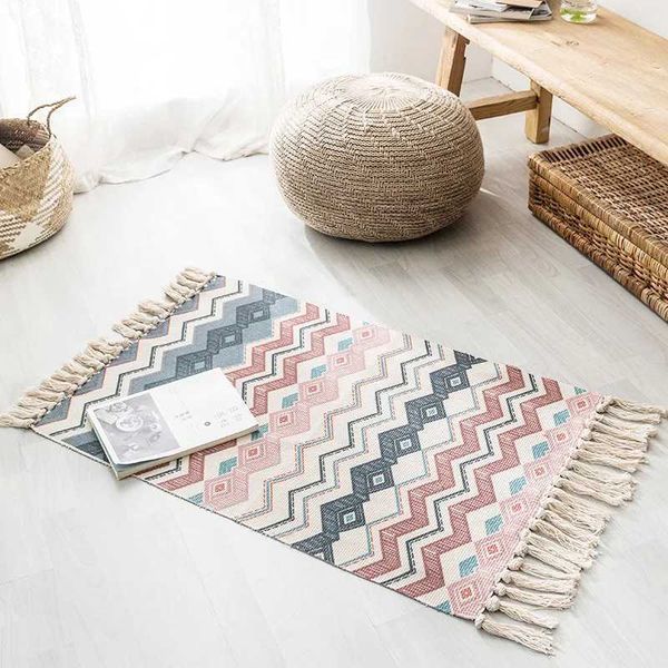 Nordic minimalist cotton and linen small fresh floor mats living room sofa table carpet bedroom mats tassel blanket hand madeXJ241101