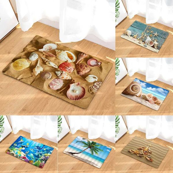 Bathroom Non-slip Mat Funny Sea Beach Shells 3D Printed Bath Mat Floor Carpet Flannel Toilet Rug Doormat 45*75CM and 40*60CMC241227