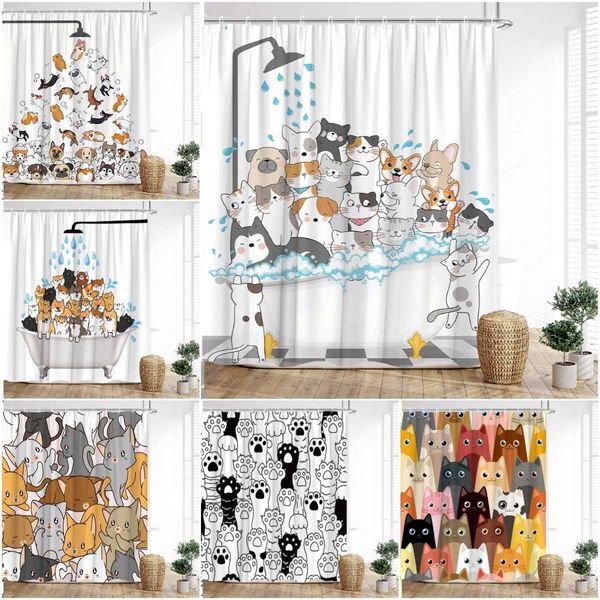 Cartoon Animal Shower Curtain with Funny Cat and Dog Paws Cute Kids Shower Print Family Bathroom Decoration with Hooks M240824