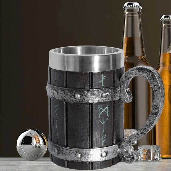 Viking Beer Mug Simulation Wooden Barrel Beer Cup Creative Resin Double Layers Stainless Steel Wine Cups Bar Party Coffee CupM240803