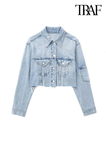 Women s Jackets TRAF Women Fashion Patch Pockets Ripped Denim Cropped Jacket Coat Vintage Long Sleeve Frayed Hems Female Outerwear Chic Tops