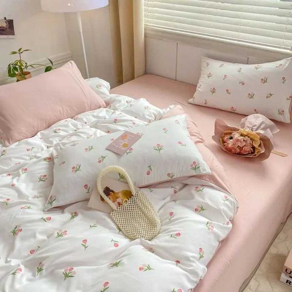 Romantic Tulip Pink Bedding Set Bed Flat Sheet Pillowcase Twin Full Queen Princess Style Bed Linen Kids Girls Floral Duvet CoverC241021