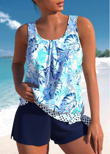 Modlily Blue Tankini With Shorts Leaves Print High Waisted Bowknot Tankini Set - M