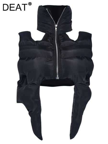 Women s Vests DEAT Fashion Women Cotton padded Coat Stand Collar Hollow Out Zip Black Symmetry Midriff baring Vest Autumn 2023 7AB115 231114