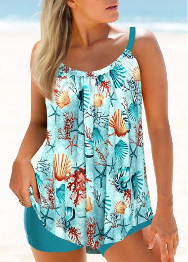 Modlily Asymmetry Mid Waisted Plants Print Green Tankini Set - M