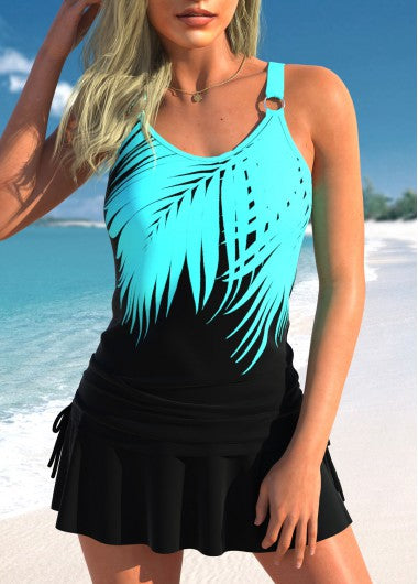 Modlily Drawstring Tropical Plants Print Black Tankini Top - S