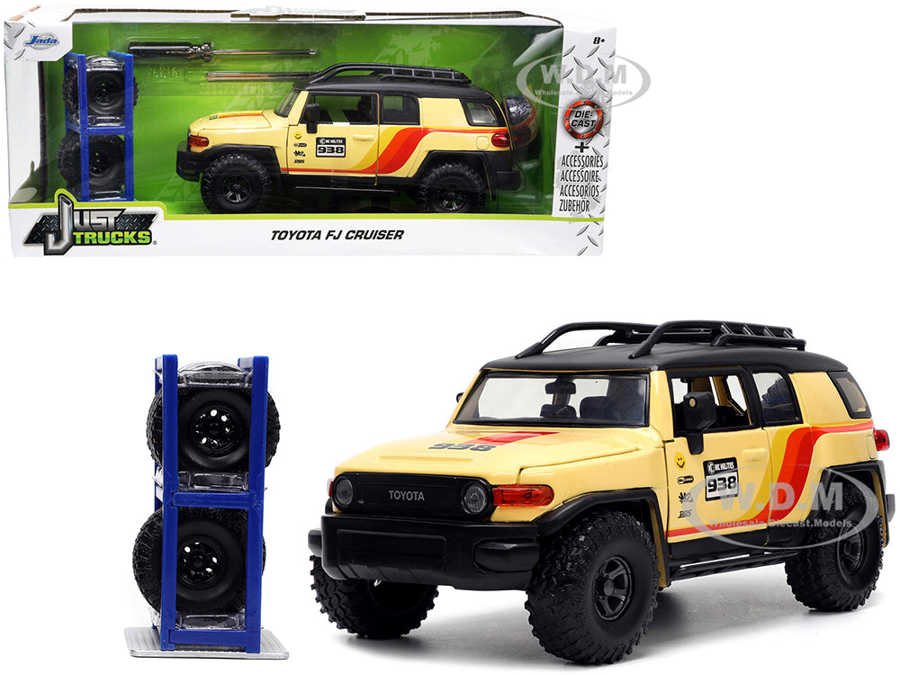 Toyota FJ Cruiser 938 Cream with Matt Black Top with Roof Rack and Stripes "KC Hilites" with Extra Wheels "Just Trucks" Series 1-24 Diecast Model Car