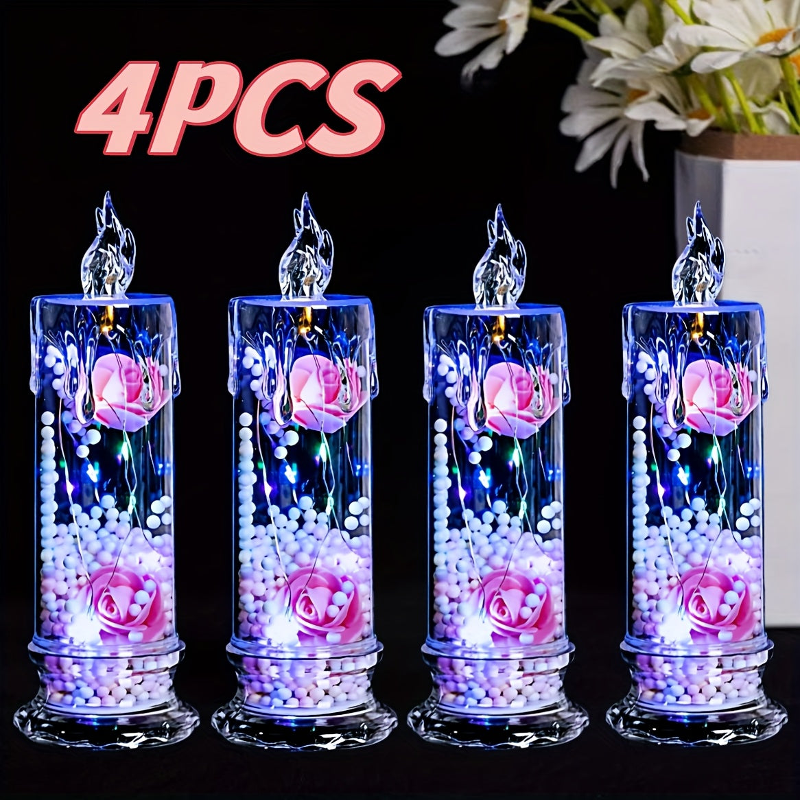 TEMU 4pcs Large Led Candle Flame Effect Wax-effect Electronic Candles With Base & Lid - Realistic Flickering Flame, Pink-blue-red Roses, Clear