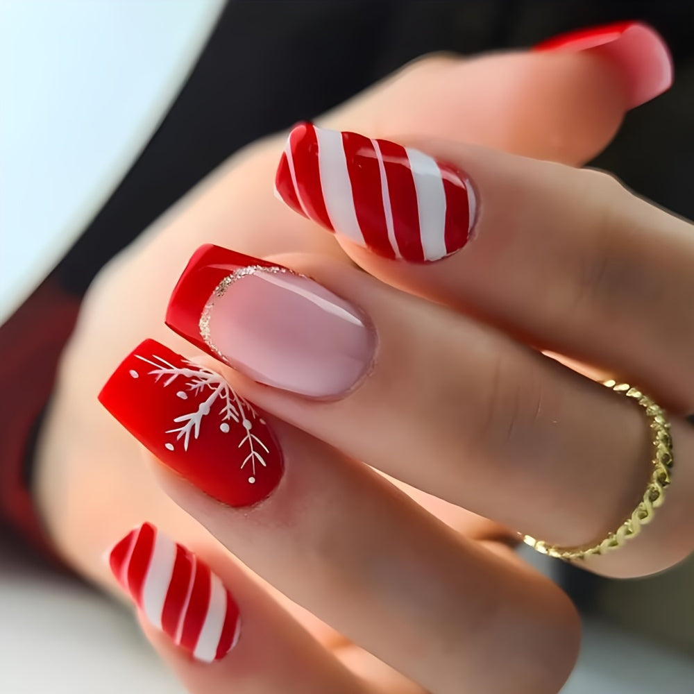 TEMU 24pcs Christmas Press On Nails Set - Short Ballet Fake Nails With Stripe, Glitter, And Holiday Elements - Glossy Finish For Women